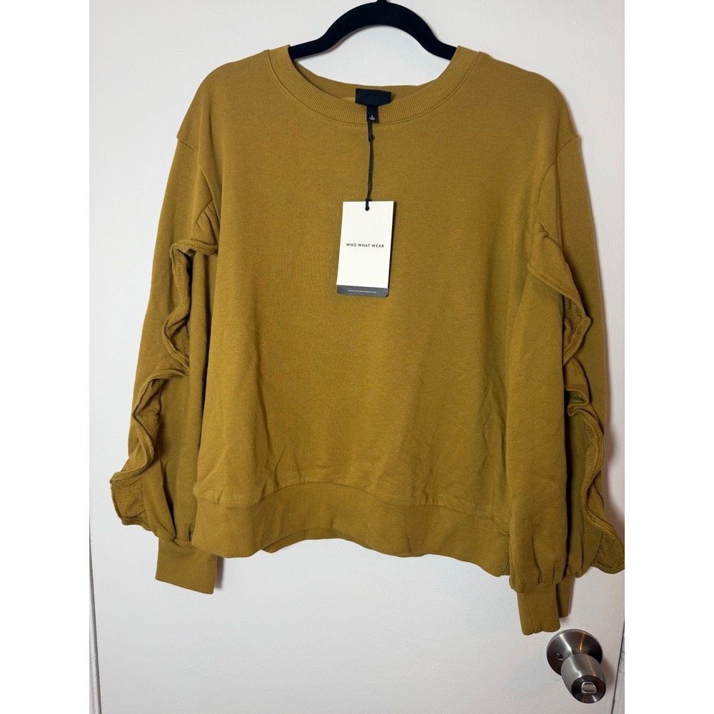 NWT Who What Wear Mustard Yellow Ruffle Sleeve Sweatshirt Crewneck L